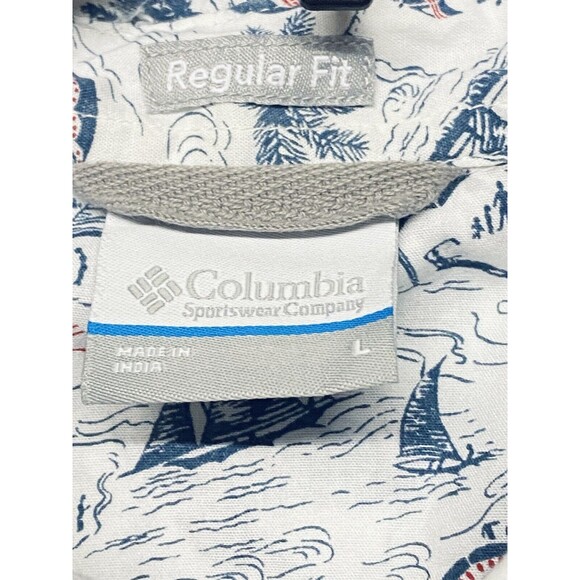 Columbia Shirt Men's L Short Sleeve Boats Beach Umbrellas Ocean Sun Trees Campy - Picture 4 of 6